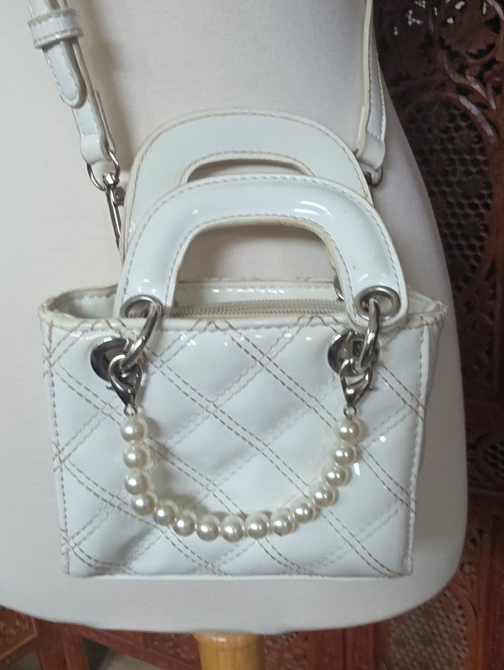 Pearl-Handle Quilted Mini Crossbody Bag - White